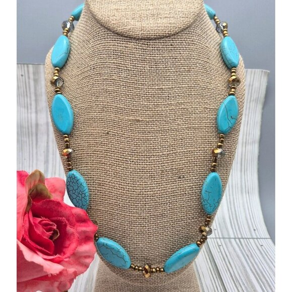 Artisan Bronze Bead & Howlite Stone Faux Turquoise Collar Necklace & Earring Set - Picture 5 of 12